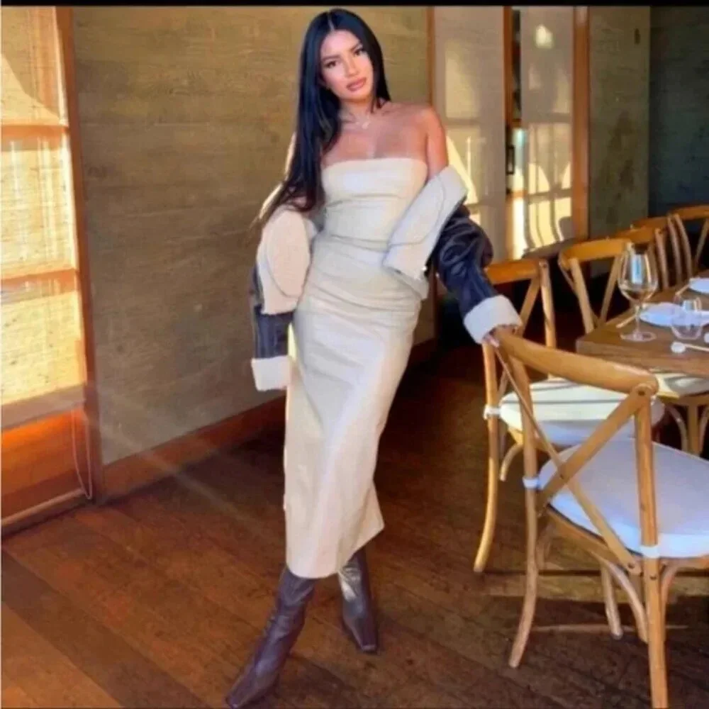 Zara Faux Leather Strapless Midi Dress Beige Blogger  Fav Size Small - Picture 4 of 15